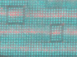 This layered structure of strontium (not colored), barium (red) and titanium (teal) is a tunable dielectric that can improve the performance of high-frequency electronics.